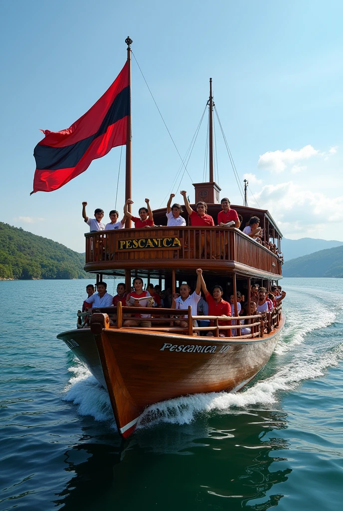 Recreate a photo of a large two-story wooden ship, with the name in the Spanish language of: "PESCANICA 10" written on the side once without spelling errors, with just a red and black flag without repeating colors placed on the bow, and with many people of Nicaraguan mestizo race with books and with their right hand up in the shape of a fist, sailing on a vast Nicaraguan lake