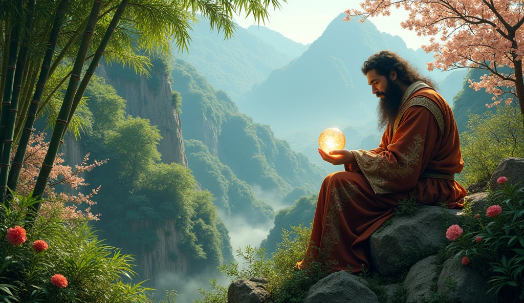 Michel Nostradamus sitting in the middle of Asian nature