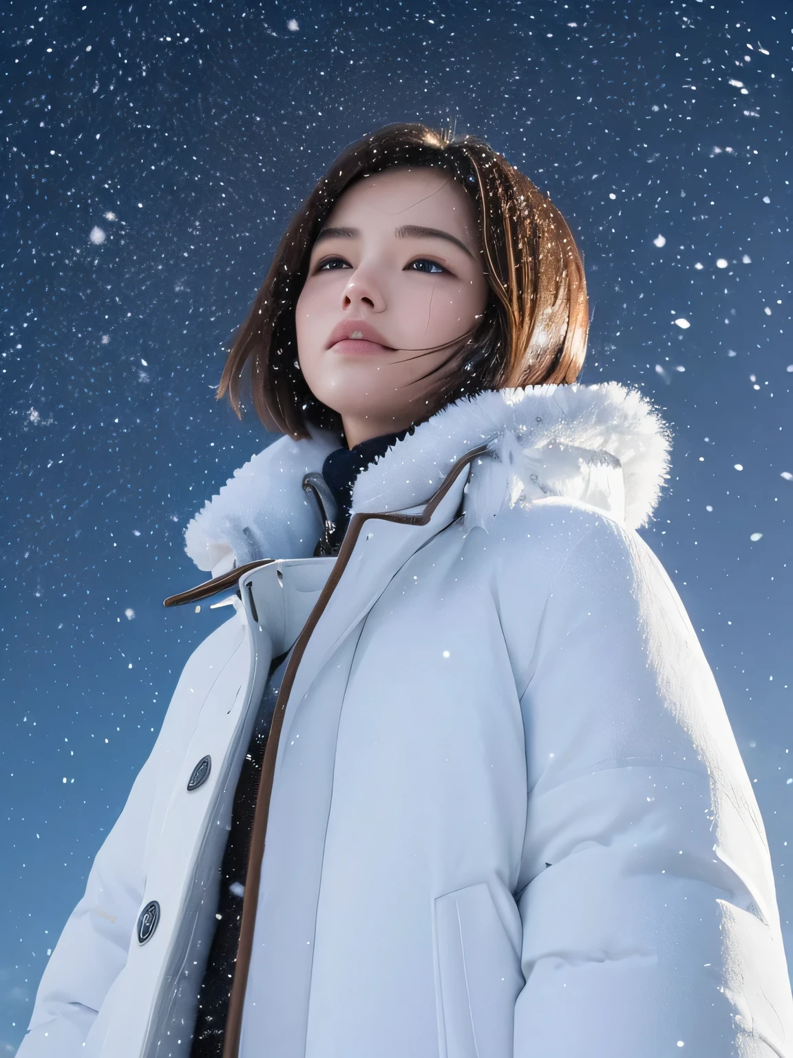 Beautiful woman、Standing on a snowy mountain, looking up at the sky、early morning、((Snowstorm))、((the wind is strong))、((The snow is falling heavily))、(((Holding the collar of his coat with his hands)))、Dim view、Photorealistic, Lots of snow, (short hair:1.3)