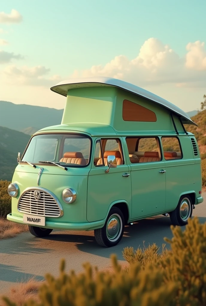 Modern van with a pastel green color that evokes nostalgia, launching in 2025, front engine with a longer front, with cozy interior 