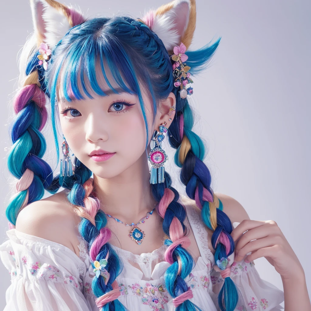 masterpiece, Highest quality, High resolution, (White Background: 1.4), [Glitter], [Looking at the audience, Portraiture, 1. Cute Chinese], (Long Hair, Blue Hair, Wave Curl, Multicolored Twisted Big Braid: 1.3, Fluffy fox ears, Air Van), White off-the-shoulder short sleeves, Delicate facial features, Pink Lips, Earrings, necklace