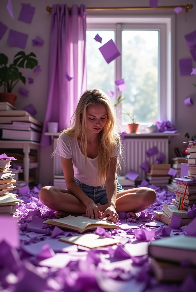 Messy room with lots of purple papers and a blonde woman