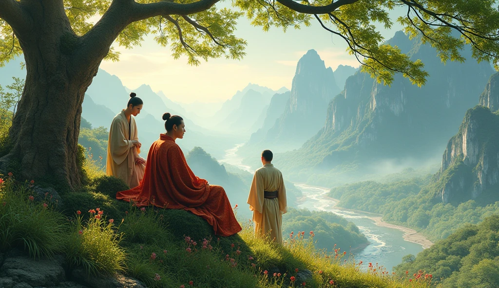 Michel Nostradamus sitting in the middle of Asian nature with 2 other people