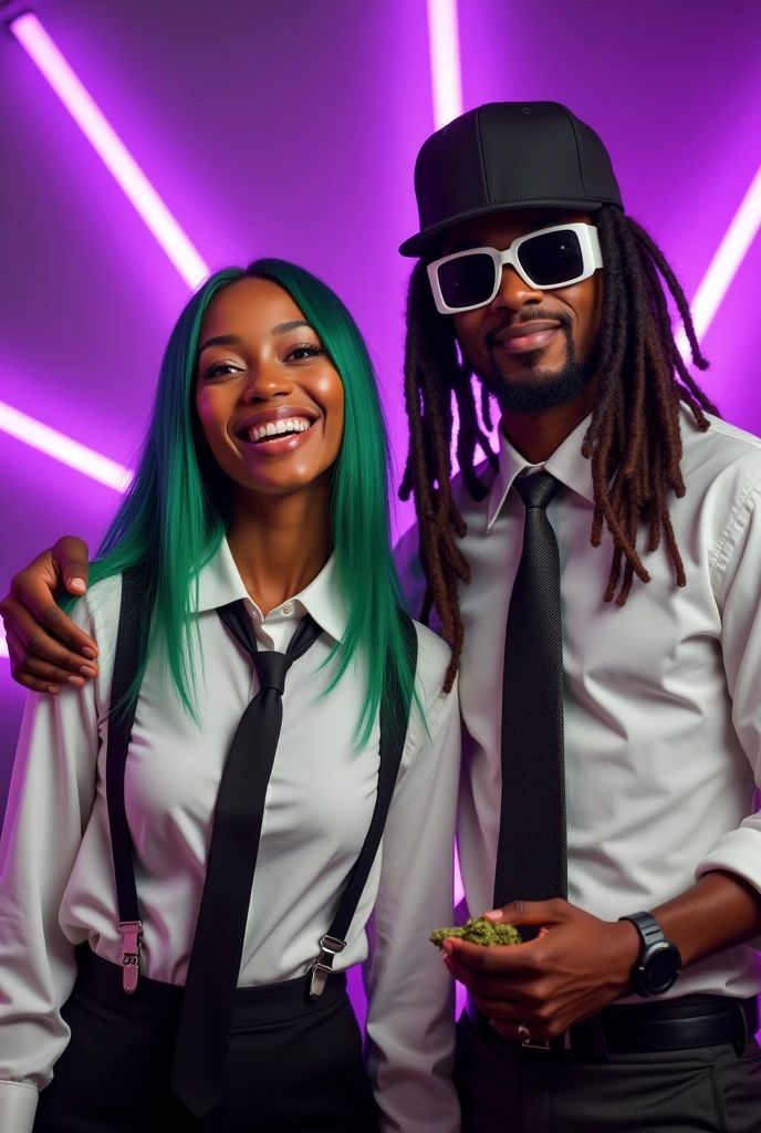 A brown-skinned woman with a rounded nose and mouth, extroverted, straight and green hair. Wear a white shirt with a black tie and suspenders, smiling, and with realistic purple rays around you.. Next to a WHITE MAN with dreadlocks and a cap, wearing dark sunglasses with a white frame and marijuana
