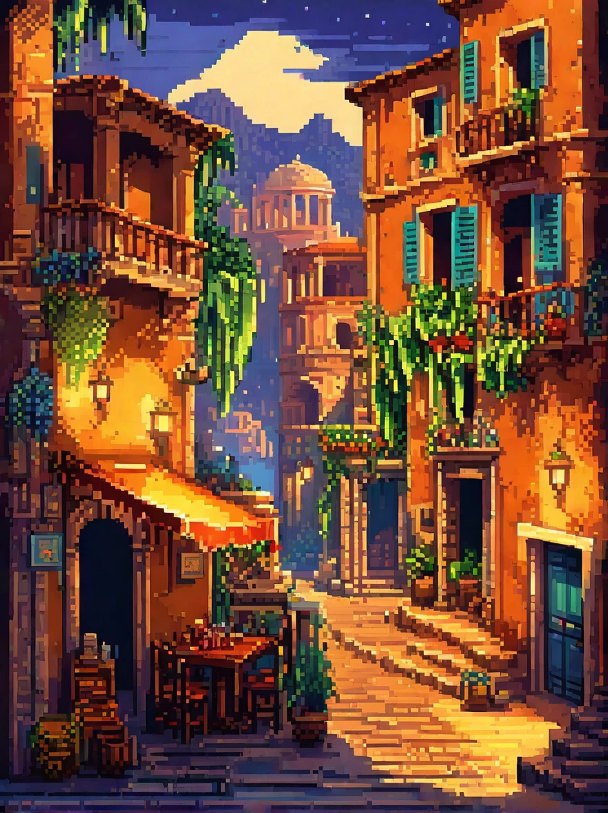 retro vintage game, classic 8-bit pixelated , Roma antiga, video game, noite, Thu, detailed pixel art, detailed environmental elements, highly detailed pixel city design, beautiful vivid colors, Immersive atmosphere, small details, nostalgia, (best qualityer, swirly vibrant colors, 8k, high resolution, work of art:1.2),ultra detali,(realisitic,photorealisitic,photo-realisitic:1.4),studio lighting,extremely detailed pixel art,extremly detailed face and eyes,extremely detailed pixel textures,incredibly intricate pixel-level detail,striking colors,swirly vibrant colors,lush pixel environment