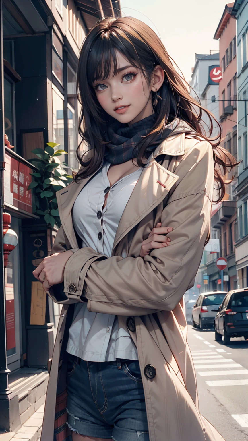 One person,Aqua Eye, bangs, black coat, chest, button, coat, Arms crossed,High resolution, large chest, Long Hair, View your viewers, 部分的にbuttonを外した, road, scarf, shirt, Short eyebrows, smile, alone, Are standing, street,Thick eyebrows, Upper Body, white shirt, From below