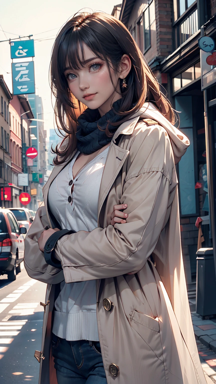 One person,Aqua Eye, bangs, black coat, chest, button, coat, Arms crossed,High resolution, large chest, Long Hair, View your viewers, 部分的にbuttonを外した, road, scarf, shirt, Short eyebrows, smile, alone, Are standing, street,Thick eyebrows, Upper Body, white shirt, From below