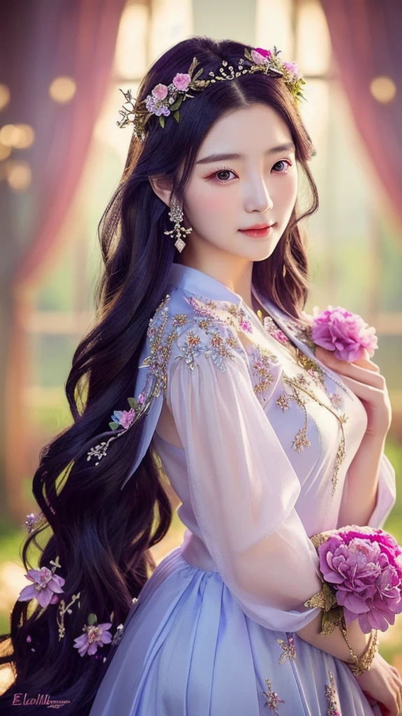 korean girl in a dress with flowers in her hair, a beautiful fantasy empress, beautiful face, beautiful maiden, beautiful and elegant elf queen, beautiful fantasy maiden, ((a beautiful fantasy empress)), fantasy outfit, fantasy beautiful, fantasy art style, very beautiful elven top model, beautiful elven princess, fantasy woman, beautiful goddess, ethereal beauty, hyperdetailed fantasy character