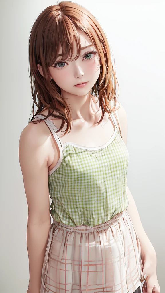 (((Cowboy Shot、Women's solo shots、Oil、Pure white wall background、masterpiece、Highest quality、High resolution)))、Redhead、Bob Hair、(((Wearing a green camisole)))、(((a gingham tank top)))、Fashionable hairstyles、Red cheeks、((No Shadow、Frame In))、Cute Face、((Small breasts))、((Has a sad expression))、((I am going to cry))、