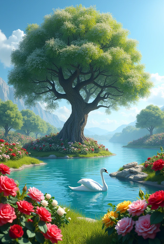 There's a tree in the center and a big lake and this lake has swans swimming and this lake is surrounded by beautiful roses of all colors. The big tree has white flowers growing on it. It's a beautiful day and the art has to be in 3D.