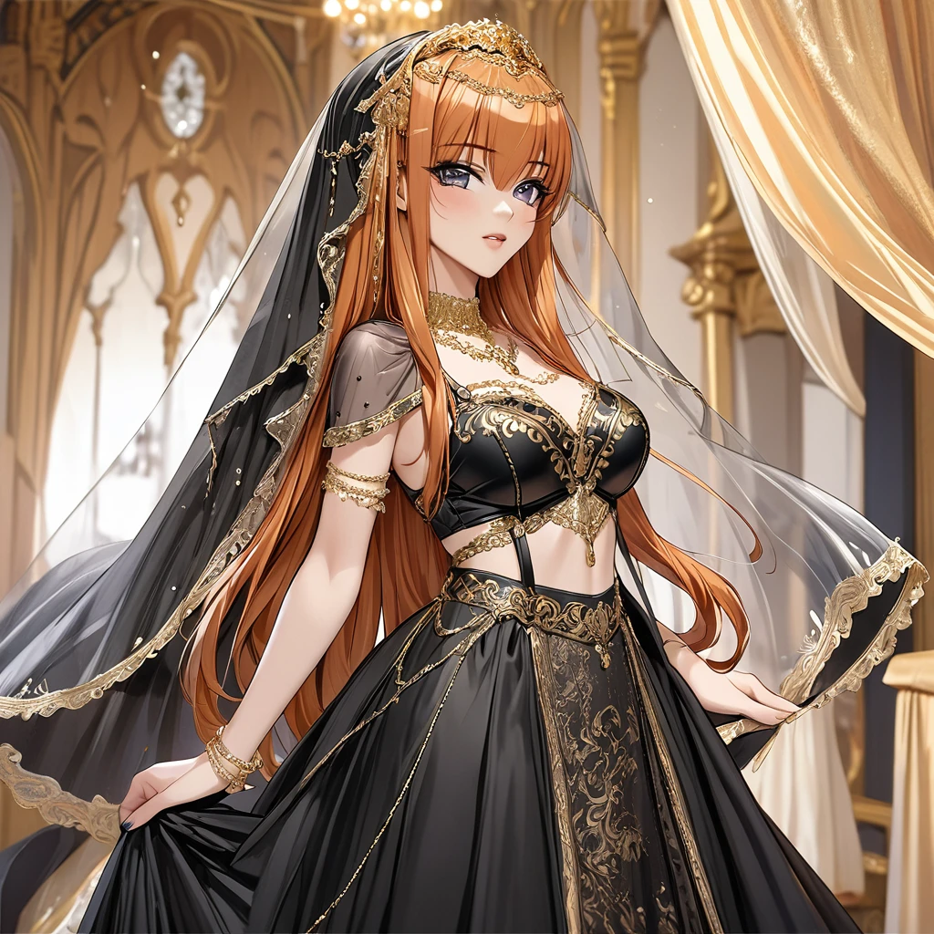 ((Highest quality)), ((masterpiece)), (detailed), （Perfect Face）、The woman is Maya Cordelia with orange semi-long hair, wearing a luxurious black vintage wedding dress with elaborate gold embroidery and trim, as well as a black wedding veil, and adorned with luxurious accessories.