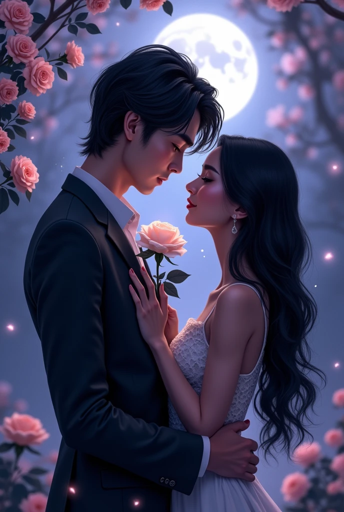 Create an image of a man and a woman, both with black hair.
He is giving her a black rose and she is already holding a white rose in her hand. 
