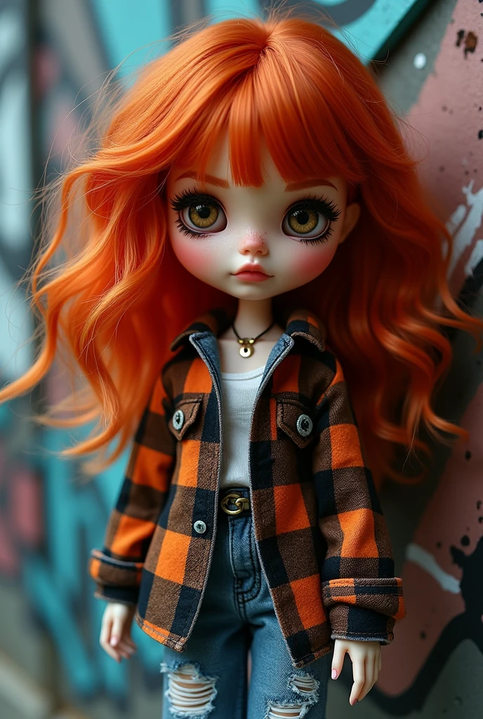 Blythe doll, with reddish hair, hazel eyes (mix of green and brown) white, grunge style, lipstick, eyelashes and eyeliner 