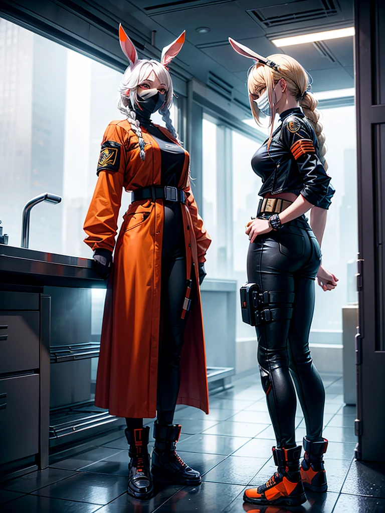 
"Create a female character in a futuristic environment, With a detailed appearance and striking style. She should be wearing a white mask with rabbit ears, Which gives her a mysterious and somewhat playful appearance. The mask should have subtle details that suggest a touch of technology or futuristic functionality.

The character's hair should be blonde, smooth ass, And be tied in a long braid that goes down her back. Dress her in a vibrant orange T-shirt, Slightly worn, With the word 'Free Fire' printed on the back. Underneath the t-shirt, She should wear a long black sleeve that covers her arms.

The character should be wearing black pants with utility details, As extra bags, buckles, And orange belts with the word 'Boom' inscribed on them, Adding a military touch to her look. She should also wear black and yellow athletic boots with a robust and futuristic design, Complementing her outfit with practical and functional accessories.

The character's pose should be standing, com uma postura confiante, Suggesting readiness and determination. The background should be dark with soft lighting that highlights the colors of the costume and the details of the mask, While the environment around suggests a futuristic and slightly dystopian urban space, With highlights and shadows."