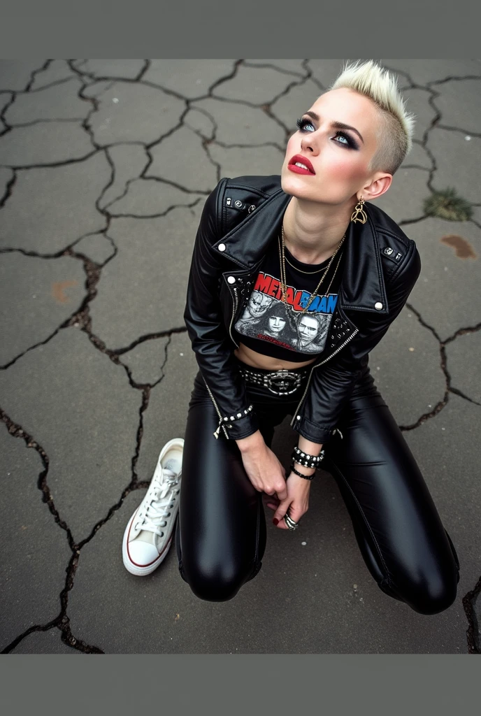 russian milf, platinum blonde hair, long neck, long hair in pompadour male style with shaved sides. Big light blue eyes, very pale, excess of makeup. Wearing black moto jacket, cropped metal band t-shirt with low neckline, black shiny leggings and dirty white tennis sneakers. Big loop earrings. Wide tacky belt with big buckle, dog collar, lots of rings and studded bracelets , Full body, kneeling with thumbs in pockets in the street, looking up in awe. Point of view from above