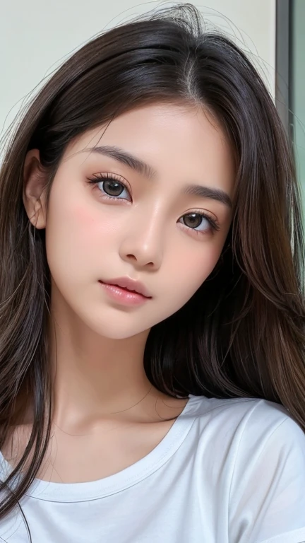 Highest quality、Realistic、、zoom、、look up、cute、Light grey eyes、Black Hair、Long wavy hair、boyish、Tanned brown skin、Dark Skin、Light Blue T-Shirt、Eyes that see far、Face close-up、thin