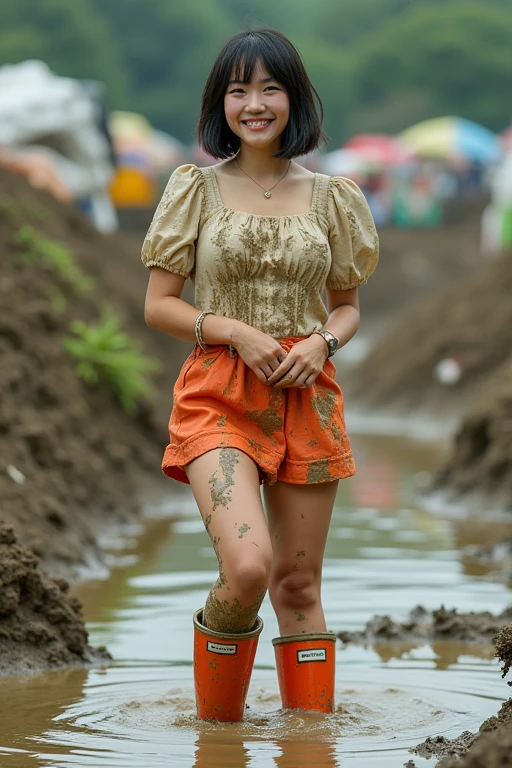 Cute Japanese woman with short hair、5、Sturdy physique、Plump thighs、low length、Puff ve mud stain、Mini skirt mud stains、Panchira in the wind、I sank into the mud wearing my orange Hunter rain boots.、The rain is completely submerged up to the top of the boots.、Playing in the mud、Mud is flying fiercely、sh brown mud、waste disposal site、odor、Unpleasant odor、A dirty quagmire with lots of floating garbage、Deep qure、Right hand is in the puff sleeve、Left has in the skirt、A shy smile