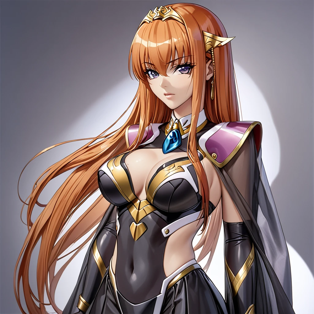 ((Highest quality)), ((masterpiece)), (detailed), （Perfect Face）、The woman is Maya Cordelia, with medium-long orange hair and wearing a black Taimanin suit with gorgeous gold embroidery and trim.