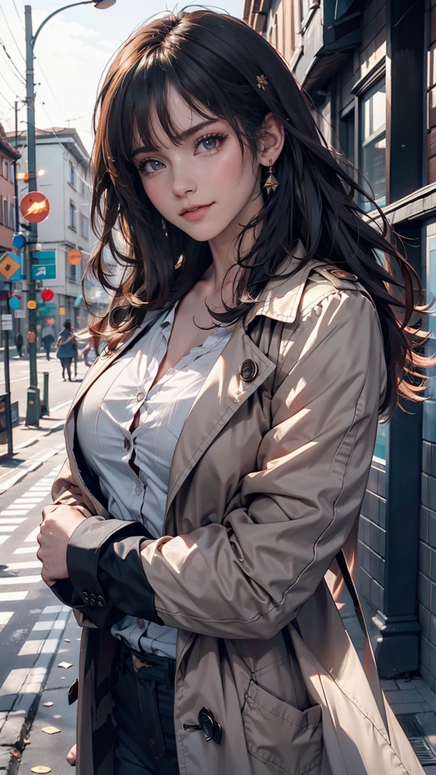 One person,Aqua Eye, bangs, black coat, chest, button, coat, Arms crossed,High resolution, large chest, Long Hair, View your viewers, 部分的にbuttonを外した,  road, scarf, shirt, Short eyebrows, smile, alone, Are standing, street,Thick eyebrows, Upper Body, white shirt, From below