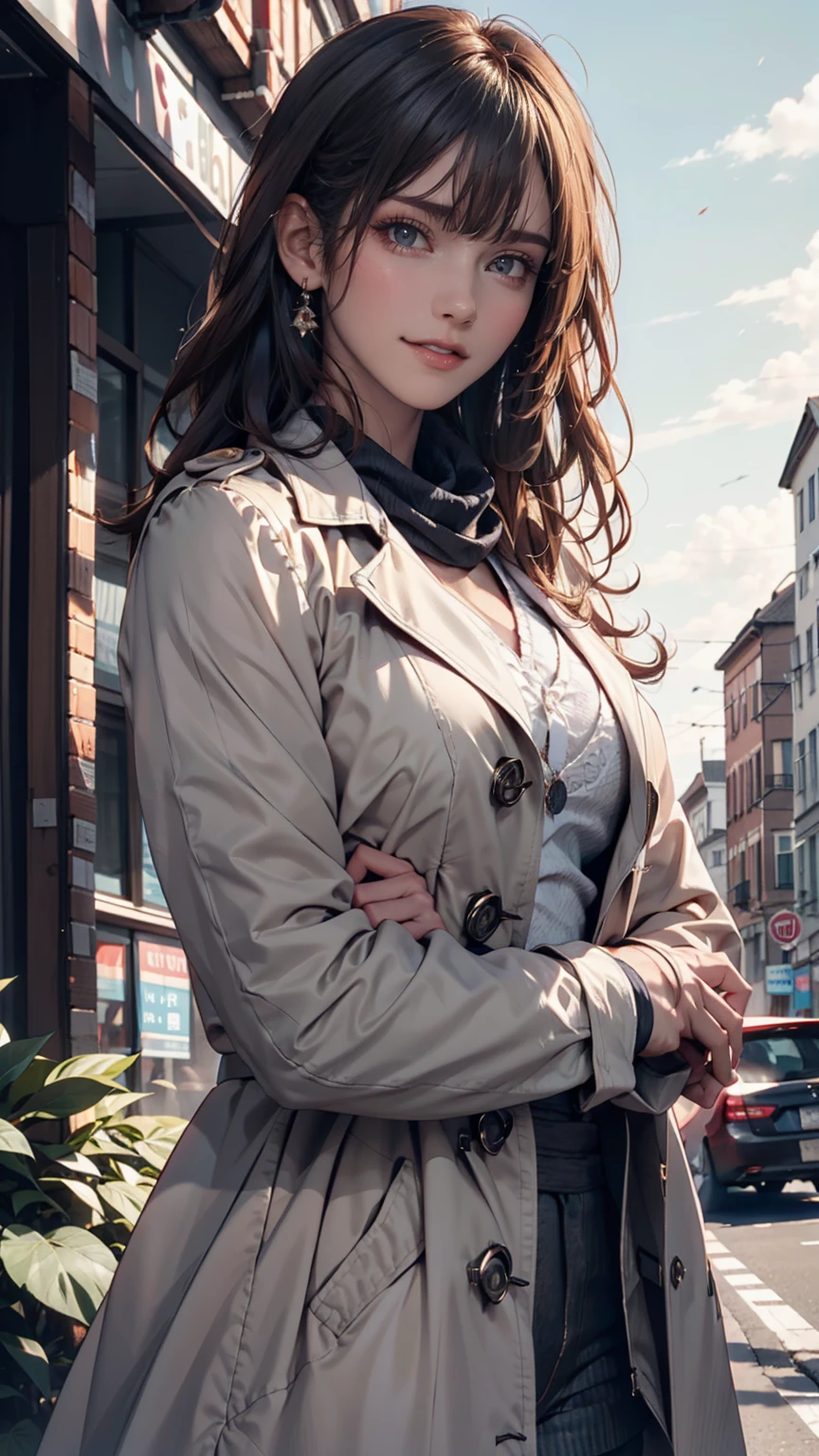One person,Aqua Eye, bangs, black coat, chest, button, coat, Arms crossed,High resolution, large chest, Long Hair, View your viewers, 部分的にbuttonを外した,  road, scarf, shirt, Short eyebrows, smile, alone, Are standing, street,Thick eyebrows, Upper Body, white shirt, From below