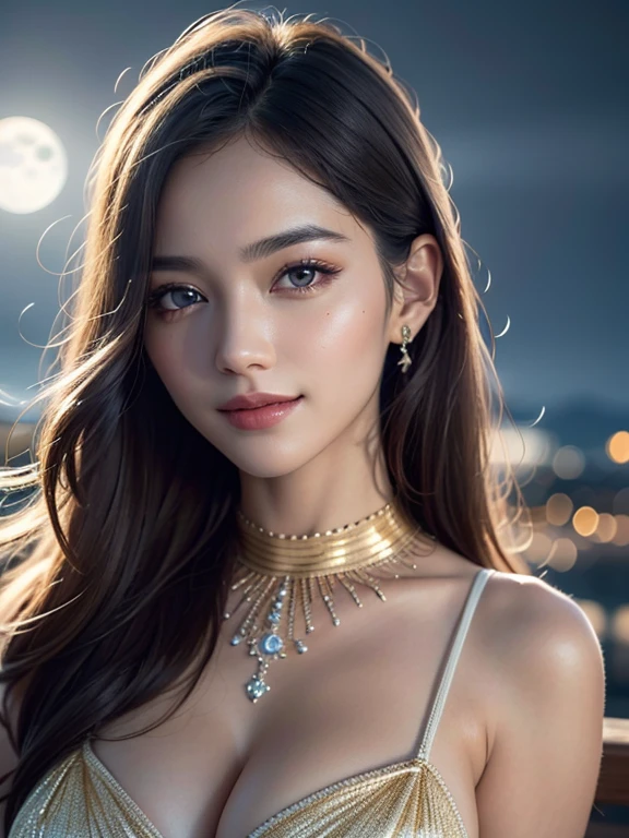Body portrait, 8K, thin and beautiful eyes, Dindal effect, masterpiece, top quality, high quality, high resolution, very detailed photo, (natural skin texture, fine skin, hyper realism, super sharpness), high detail skin, (very fine, fine skin texture, intricate details, beautiful face, (realistic face), realistic eyes, beautifully detailed eyes, realistic skin, beautiful skin, surreal, very detailed Golden ratio, smiling eyes, ((night moonlight background) )), body portrait, G cup, big breasts, huge breasts, big breasts, glamorous, sexy knit dress,