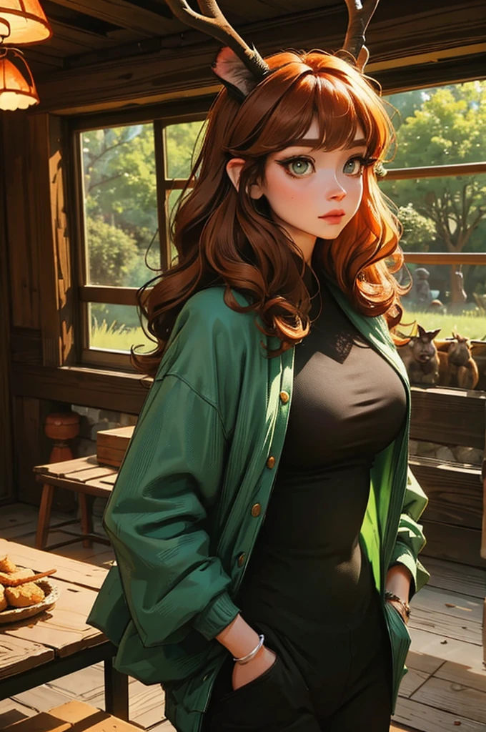 dungeons and dragons satyr.  deer horns. curly ginger hair. dark green eyes. casual clothes.
