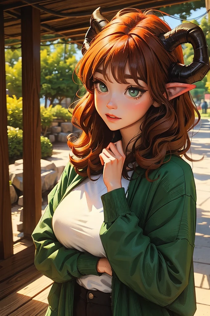 dungeons and dragons satyr. deer horns. curly ginger hair. dark green eyes. casual clothes.