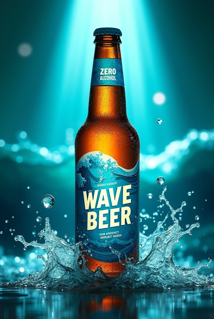 Create an image for a beer bottle label with the writing ZERO ALCOHOL, in the spotlight, Wave Beer brand