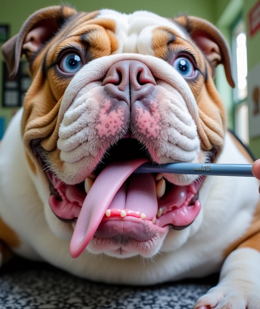 Generate an English bulldog like the one in the reference image with the same colors and clear blue eyes at a veterinarian's office with a thermometer in its mouth and a sad face.