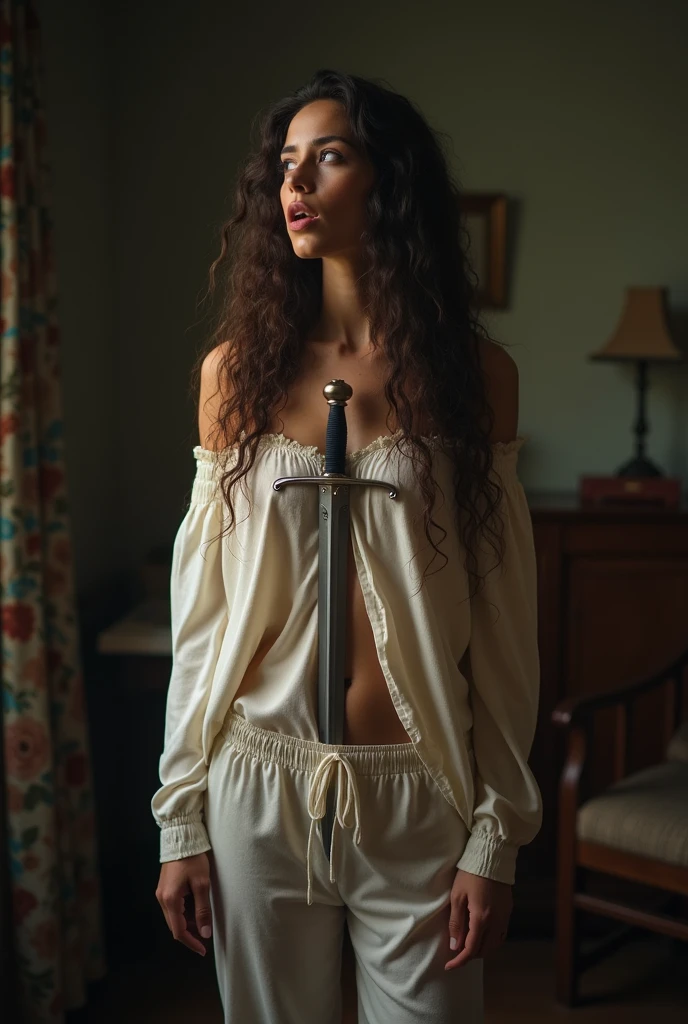 beautiful woman,wearing loose off-shoulder top, pajama pants, long curly hair, got stabbed by sword in her navel