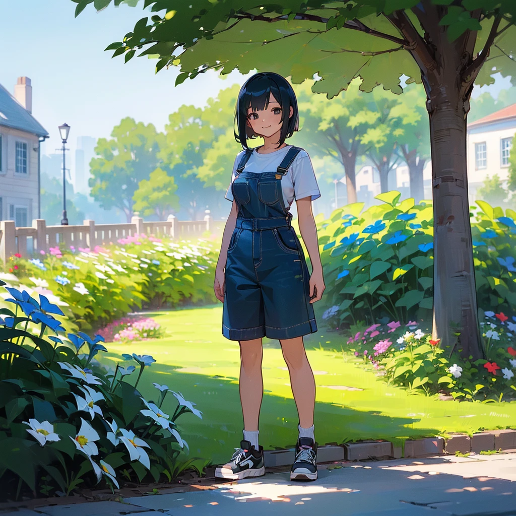 (high quality, High resolution, Very detailed, reality:1.37), Peaceful atmosphere, (Outdoor, garden), age girl standing alone, (my breasts are big.), Beautiful details, Cute Smile, (Black bob hair), Short sleeve shirt, Overalls, Blue socks, sneakers.