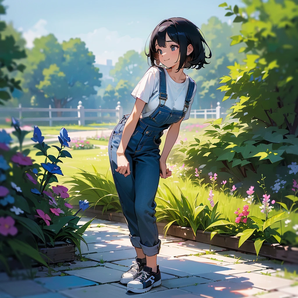 (high quality, High resolution, Very detailed, reality:1.37), Peaceful atmosphere, (Outdoor, garden),  girl standing alone, (my breasts are big.), Beautiful details, Cute Smile, (Black bob hair), Short sleeve shirt, Overalls, Blue socks, sneakers.