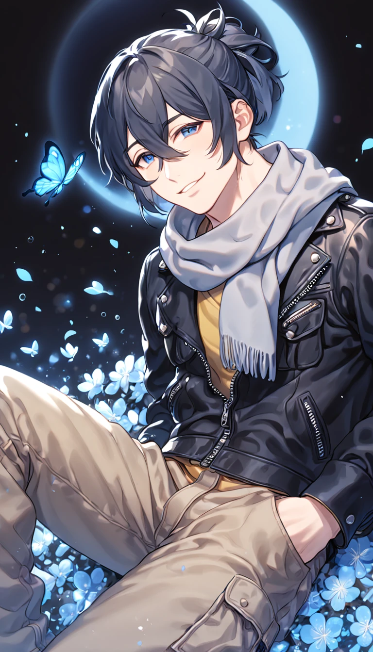 absurdres, highres, ultra detailed, HDR, master piece, best quality, extremely detailed, Nezumi, dark gray hair, hair tied in a spiky ponytail, hair between the eyes, expressive dark blue eyes, NO.6, solo, sexy man sitting, handsome, handsome smile, manly man, sensual, horny, leather black jacket that is decorated with pockets and zippers, underneath he wears a pale yellow shirt, gray scarf, light-brown cargo pants, fantasy, magical, blue moon, blue flowers, blue butterflies, blue petals, blossoms, water