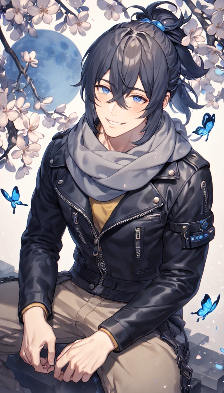 absurdres, highres, ultra detailed, HDR, master piece, best quality, extremely detailed, Nezumi, dark gray hair, hair tied in a spiky ponytail, hair between the eyes, expressive dark blue eyes, NO.6, solo, sexy man sitting, handsome, handsome smile, manly man, sensual, horny, leather black jacket that is decorated with pockets and zippers, underneath he wears a pale yellow shirt, gray scarf, light-brown cargo pants, fantasy, magical, blue moon, blue flowers, blue butterflies, blue petals, blossoms, water