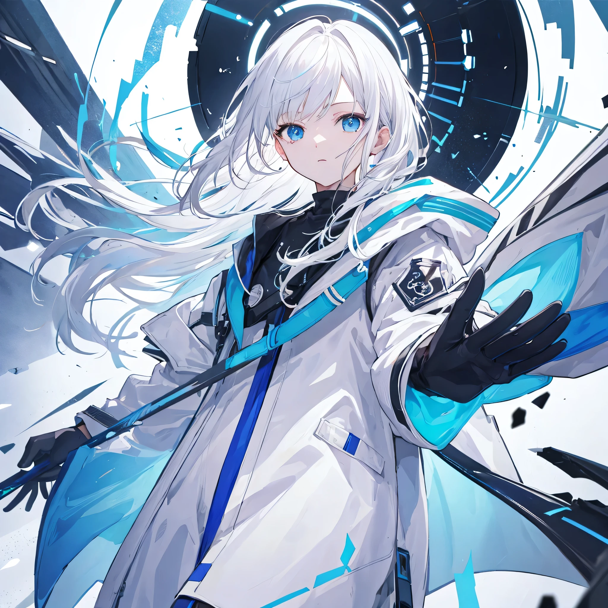 (masterpiece,best quality,Anime style,Detailed hands,Ray Tracing,),White hair,長いWhite hair,Straighten hair,blue eyes,Blue and white trench coat,Futuristic design,Clothing for the future,Solitary,Cowboy shooting