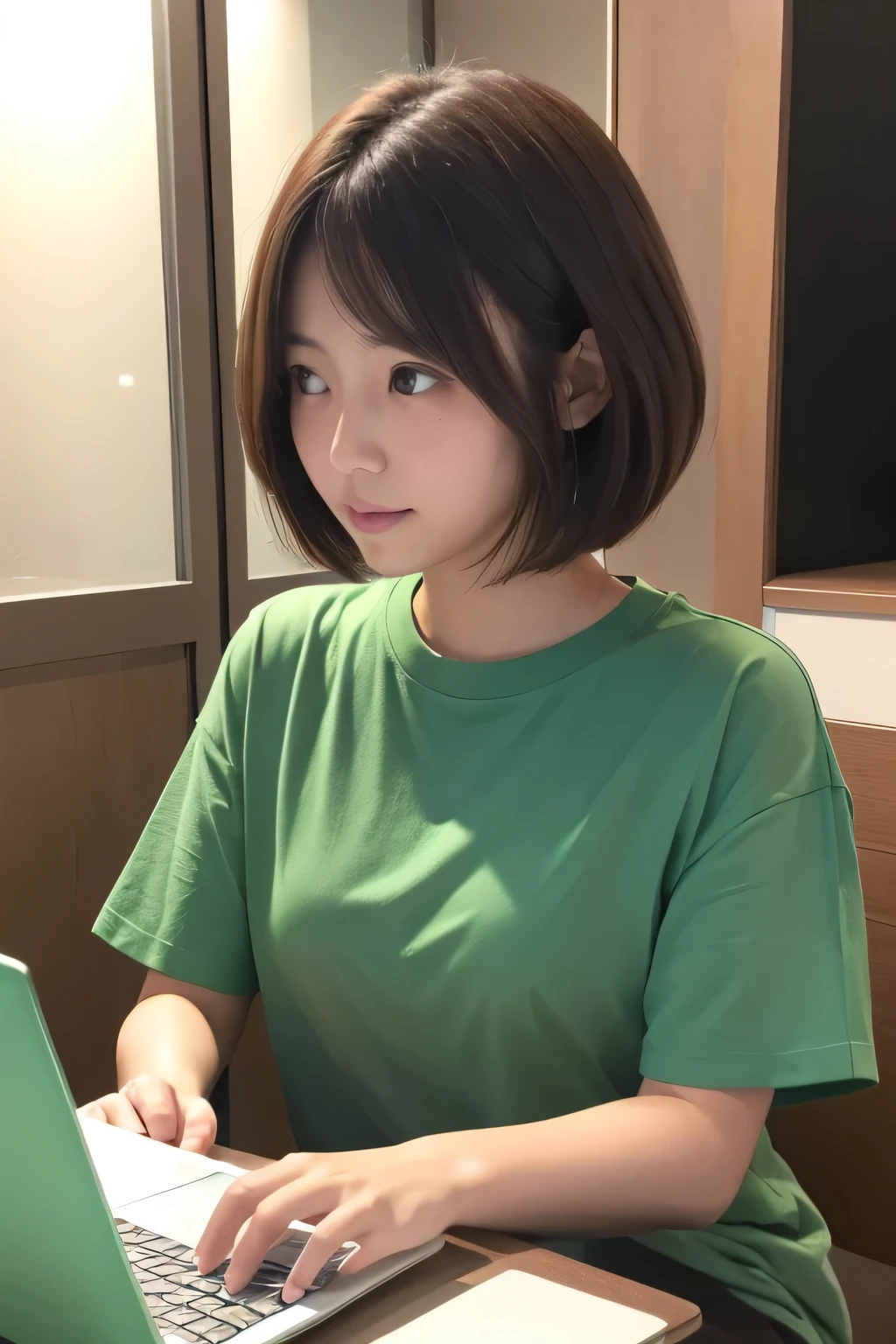 woman、28 years old、Japanese、short hair、Brown Hair、Mint green T-shirt、laptop