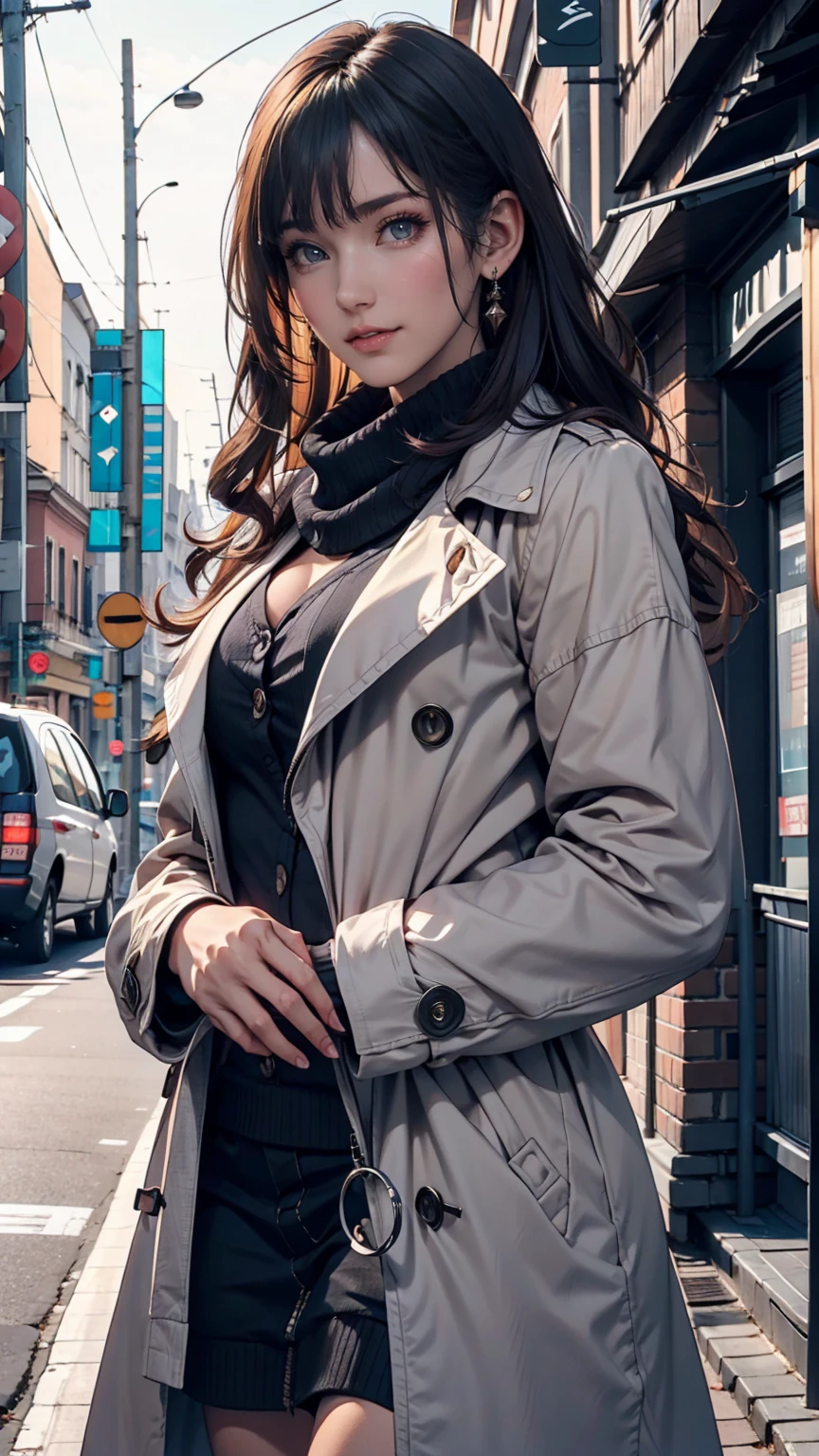One person,Aqua Eye, bangs, black coat, chest, button, coat, Arms crossed,High resolution, large chest, Long Hair, View your viewers, 部分的にbuttonを外した, road, scarf, shirt, Short eyebrows, smile, alone, Are standing, street,Thick eyebrows, Upper Body, white shirt, From below