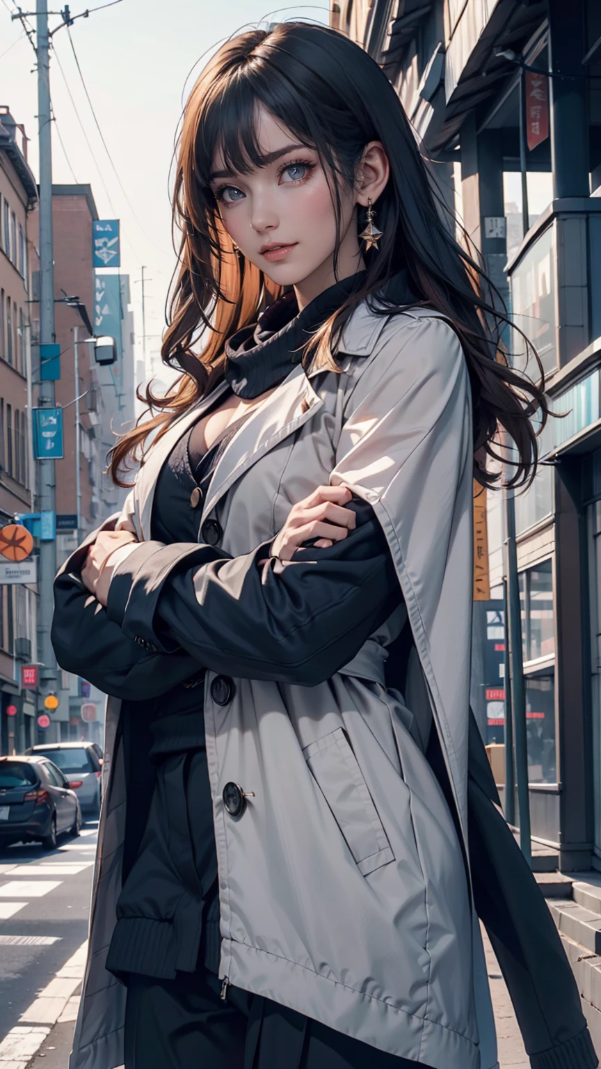 One person,Aqua Eye, bangs, black coat, chest, button, coat, Arms crossed,High resolution, large chest, Long Hair, View your viewers, 部分的にbuttonを外した,  road, scarf, shirt, Short eyebrows, smile, alone, Are standing, street,Thick eyebrows, Upper Body, white shirt, From below