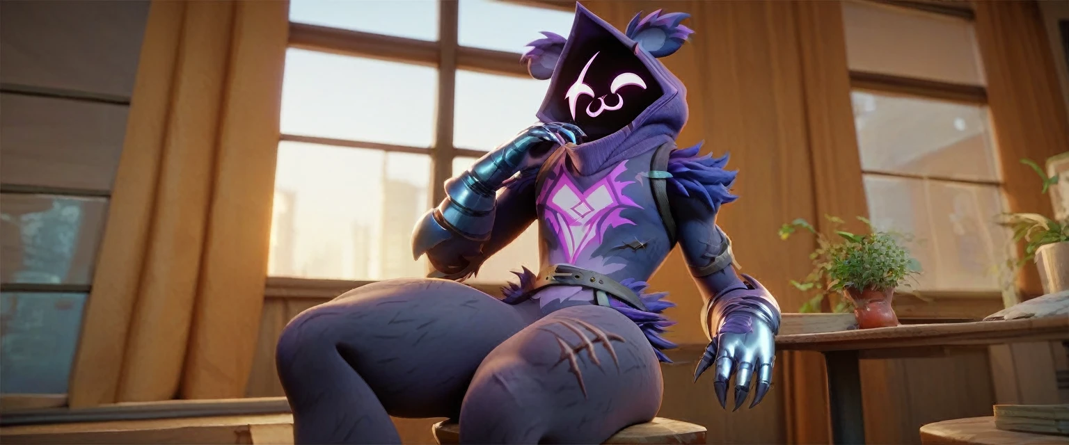 1boy, :3, Raven team leader,purple hoodie, with no face, shadowed face, animal ears,purple skin, scar on eye, body skin, purple fur, waist belt, torso symbol, metal gloves, highlight thighs, cute, sitting, sitting on a chair, inside a room, near the window