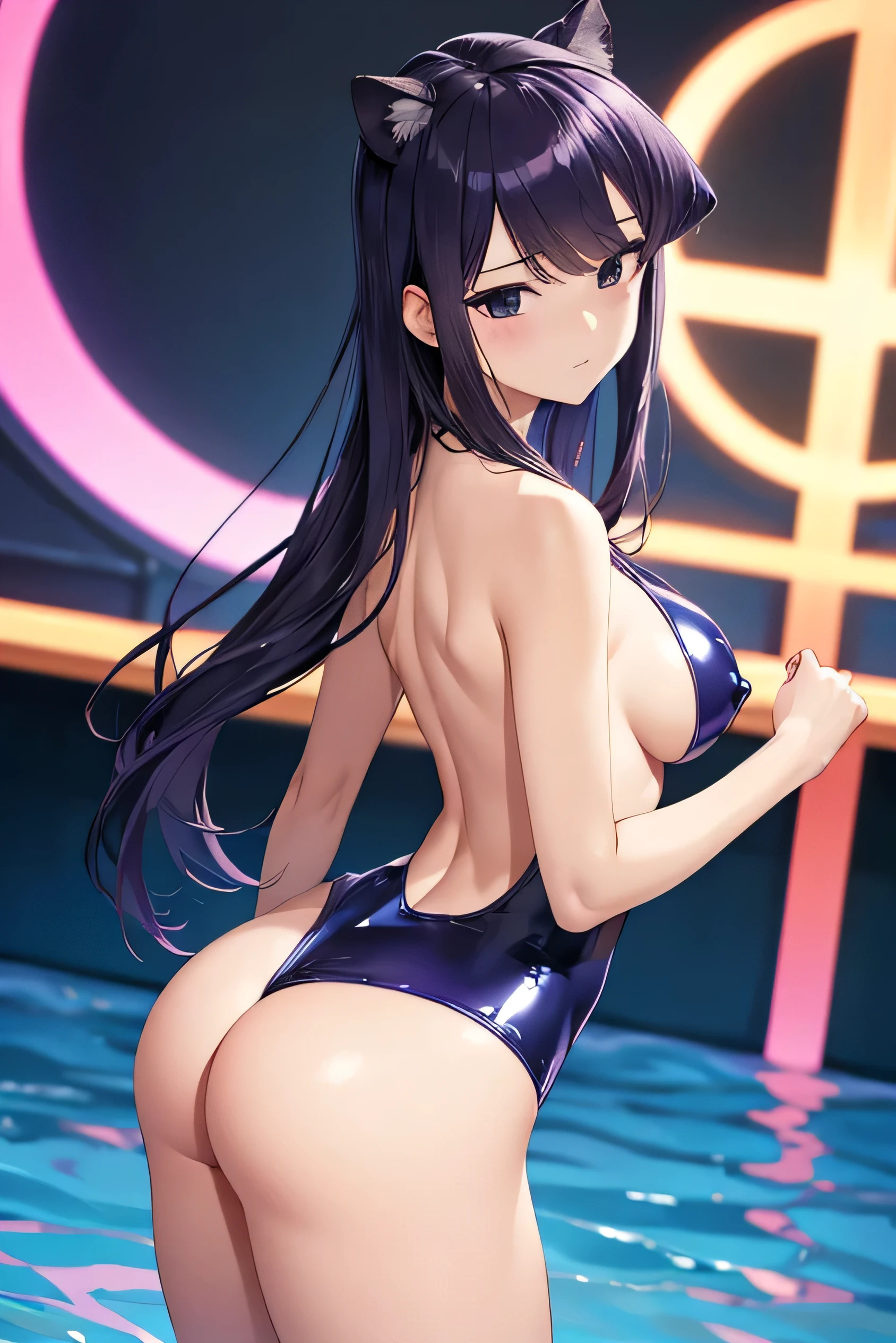 ((NSFW))(1girl)(master detailed anime)(master quality)(RAW Photos))(8K)(Realistic, photo Realistic:1.2), ((Highest quality))(komi shouko )(naked)(Purple Hair)(shine eyes)(Detailed eyes)(Detailed eyes)(smile)(Perfect petite body line)(Poolside)(gymnast)(blue leotard)(blueleotard)(blue latex leotard)(large breasts)(big boobs)(camel toe)(18 years)(stand pose)(petite body)(cat hears)(pony tail)(nice ass)