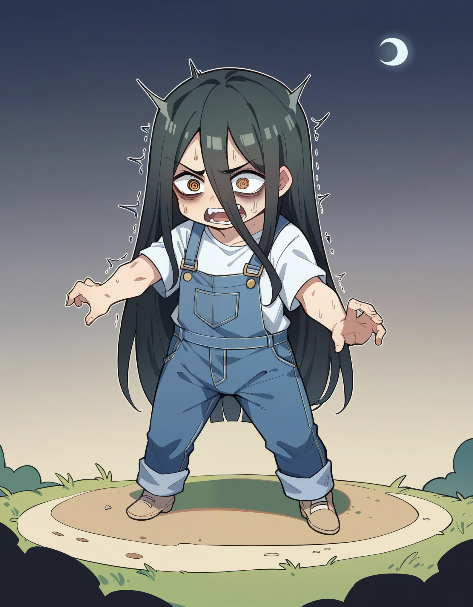 Anime character standing in front of the cemetery at night, Light blue long hair、Twin-tailed Chibi Character、 T-shirt with denim overalls、Large chibi character in the center、Haunted house in the cemetery、Trembling with fear、White transparent ghost、Screaming in fear、Sadako emerges from the old well、scary scary、A broken lantern、A fireball is flying、Face Highlights