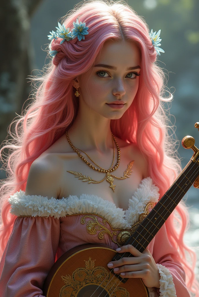 A very beautiful and young girl, Her hair is extremely pink and she has two blue streaks, Her skin is white and delicate and she has golden magical symbols on her shoulder and neck that are like tattoos, Her clothes are very elegant and chic, demonstrating wealth, She is the daughter of a fairy and carries with her her lute and two beautiful delicate swords. She is a bard and loves music.