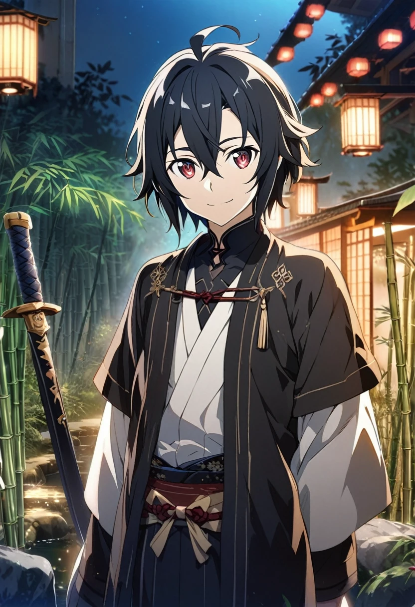 Hyakuya Mikaela \(Sword Art Online\), short black hair, ruby red eyes:1.2, (Male Traditional Japanese Costume), bangs, smiling gently, black sword, ((ultra-detailed)), ((illustration)), ((neat hair)), (beautiful detailed eyes), male, 1boy, standing, ((bamboo garden, night)), looking at viewer