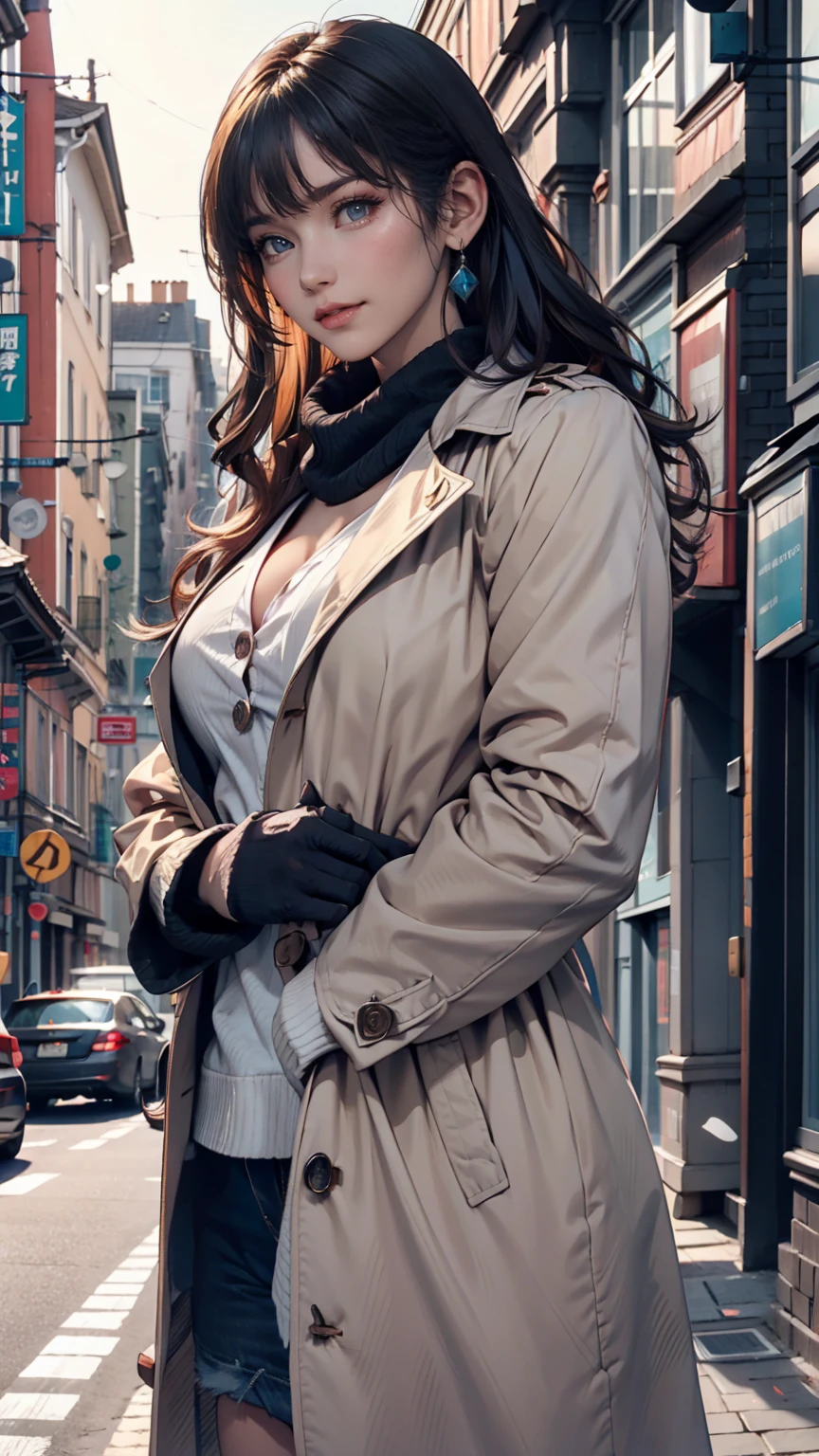 One person,Aqua Eye, bangs, black coat, chest, button, coat, Arms crossed,High resolution, large chest, Long Hair, View your viewers, 部分的にbuttonを外した,  road, scarf, shirt, Short eyebrows, smile, alone, Are standing, street,Thick eyebrows, Upper Body, white shirt, From below