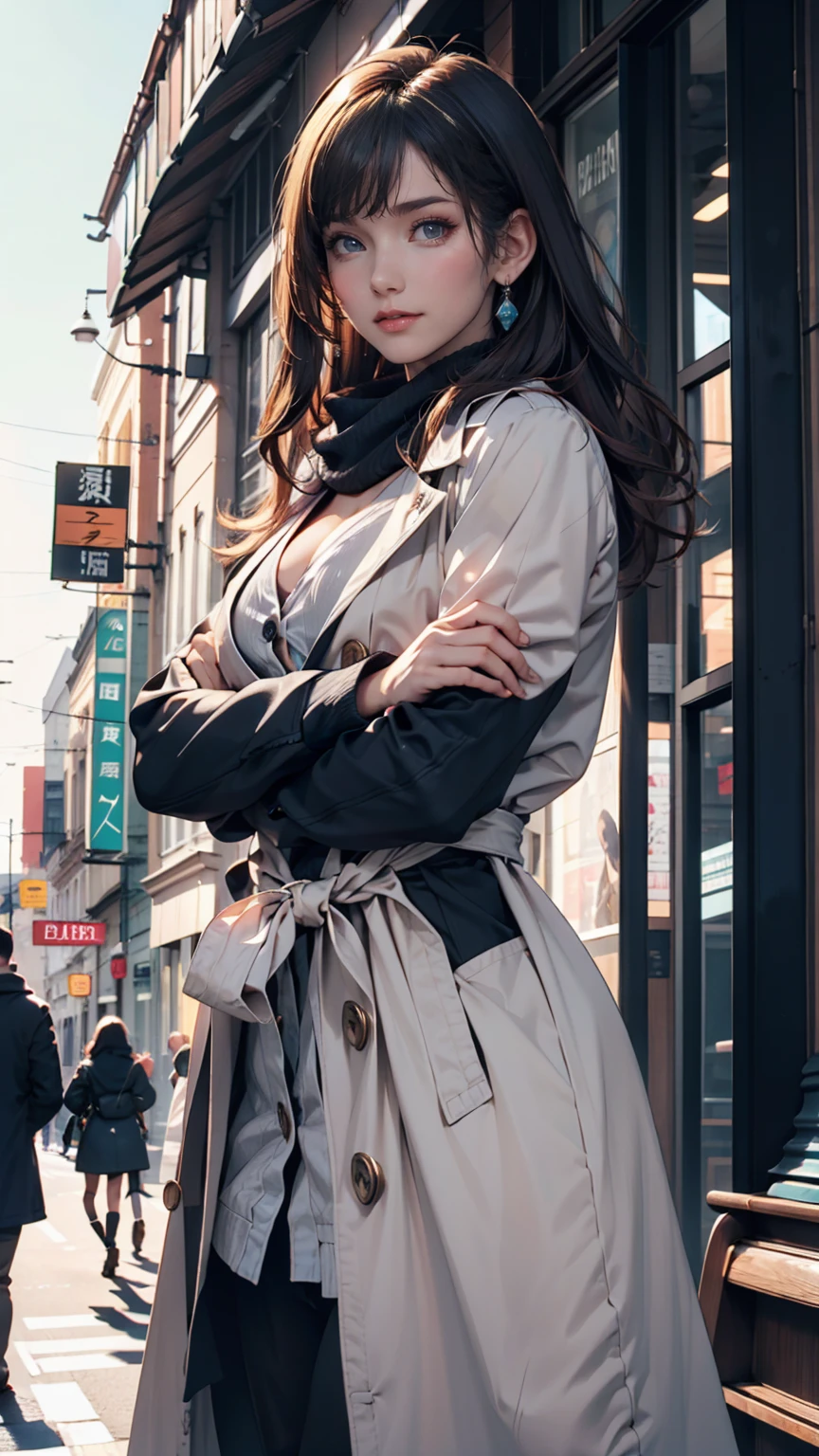 One person,Aqua Eye, bangs, black coat, chest, button, coat, Arms crossed,High resolution, large chest, Long Hair, View your viewers, 部分的にbuttonを外した, road, scarf, shirt, Short eyebrows, smile, alone, Are standing, street,Thick eyebrows, Upper Body, white shirt, From below