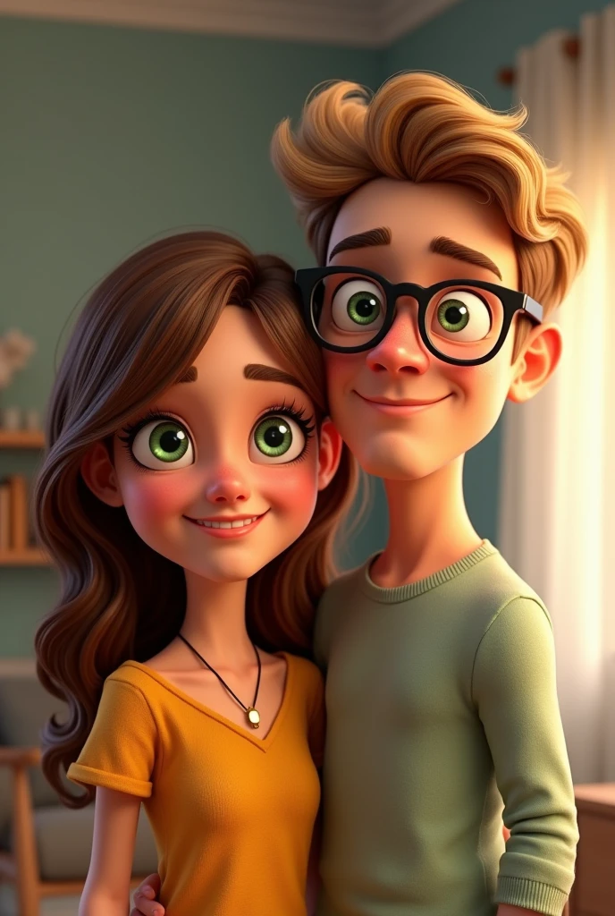 Animated figure of a mother and father, you see them from the front, a little more realistic. The woman has green eyes and brown hair, the man has blonde hair, brown eyes and glasses.