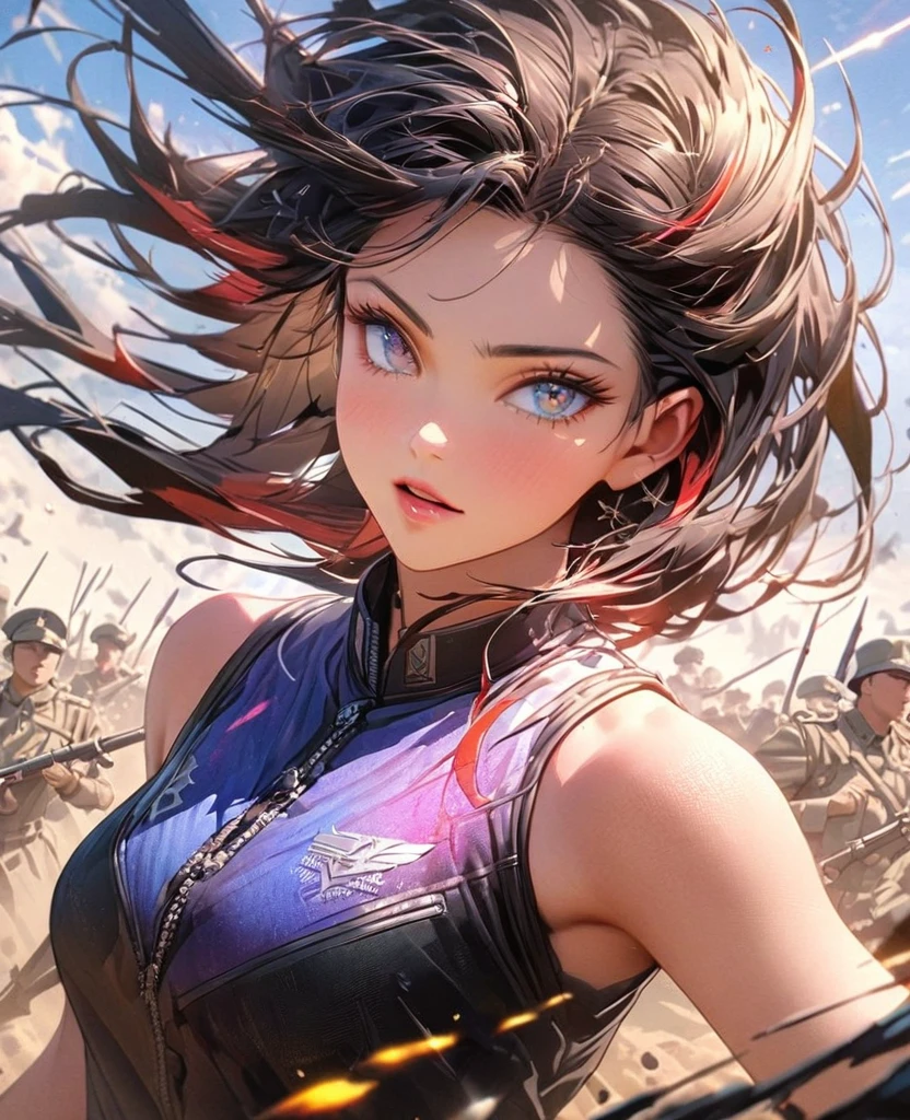 8k,Vibrant beauty，Very delicate and beautiful,Beautiful and realistic skin,Black Hair、Long and colorful hair,Beautiful Eyes,good,Plains、blue sky、army、tank、battle、uniform、whole body、Slender body