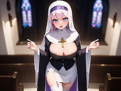 Beautiful woman dressed as a nun, (((standingn))), in an old church, cross around, religious atmosphere, purple details in your outfit, purple atmosphere, (((White hair))), (((micro skirt))), long white hair, Woman praying in a church, cross around you, ((White Hair)), ((purple)), full body, underboob, sexy ol suit, pov missionary, perfect body, naked, woman nun, horny, agsome