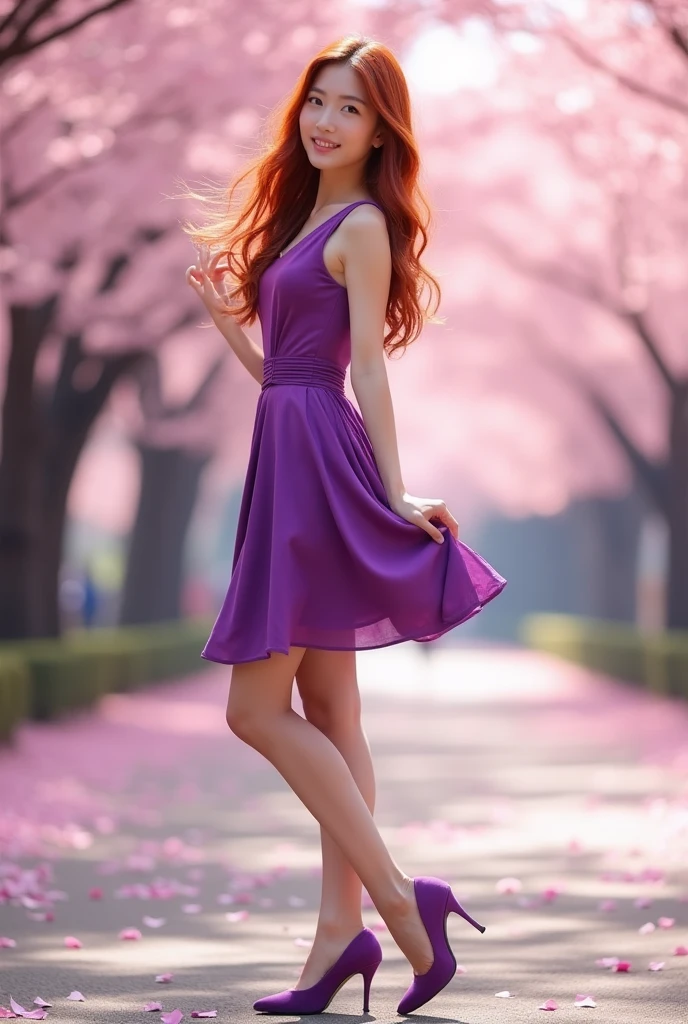 A Japanese ager with a beautiful face and long red hair. Purple dress and purple heels, defined body