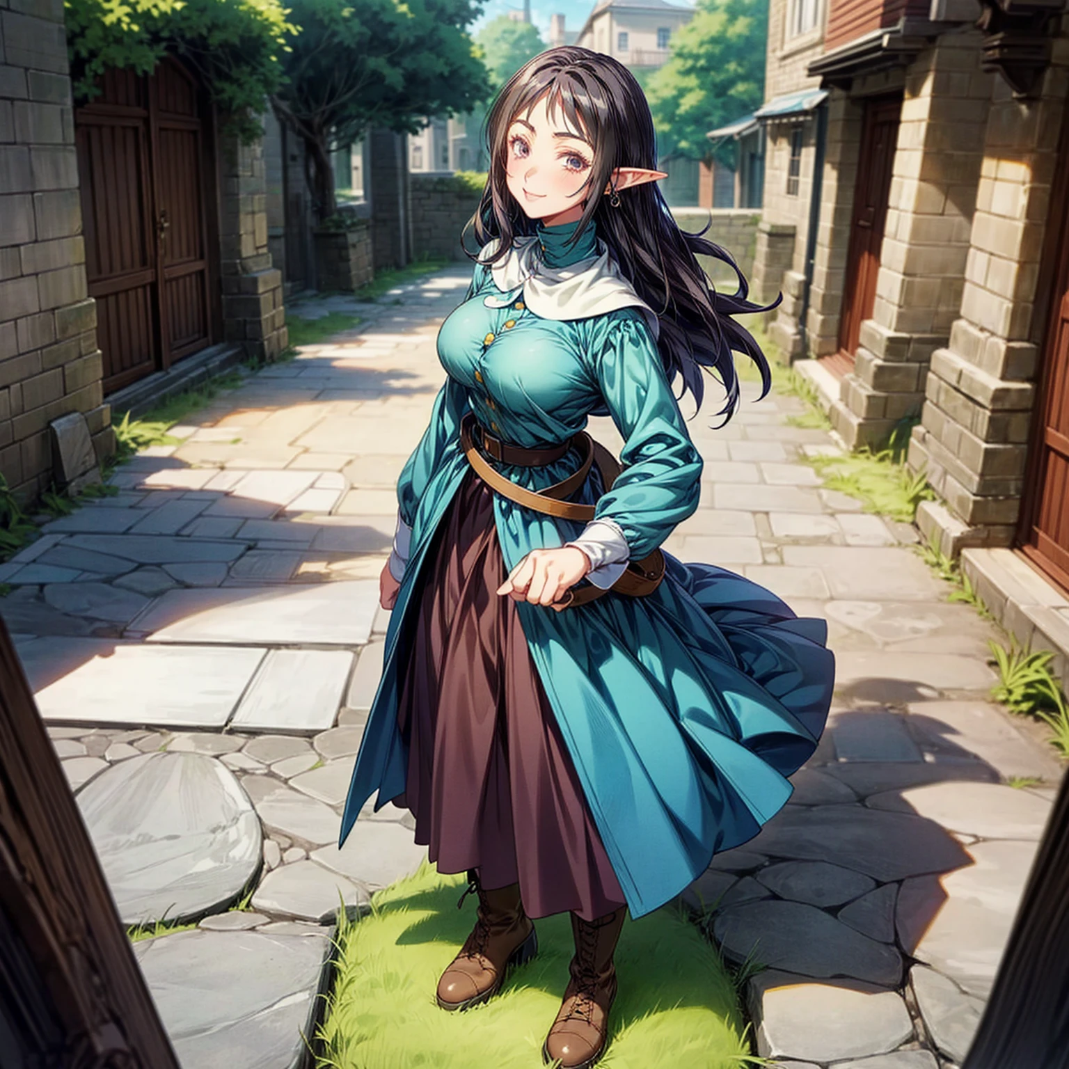 Solo character, full body version, old girl, (elf), black eyes, black color hair, long haircut, blue dress clothing, brown jeans, boots, Hoop earring, outdoor, town, medieval, standing gesture, detailed background, detailed clothing, detailed hair, (Hunter x Hunter style art, Doraemon style art), medium breast, happy eyes, smile mouth 